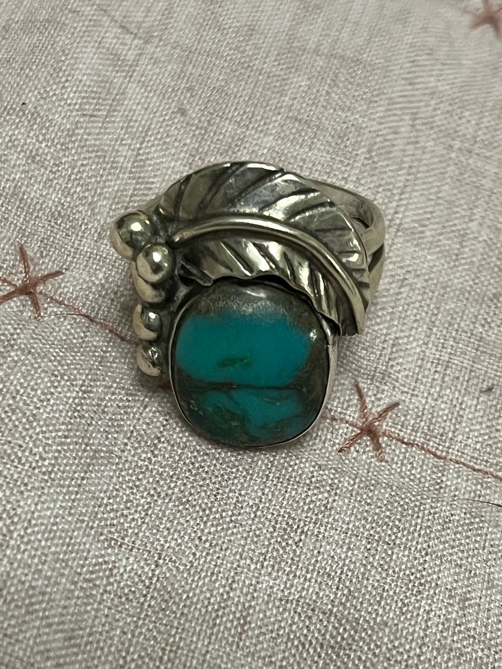 Sterling Silver Leaf Ring with Turquoise Stone - Women's Jewelry